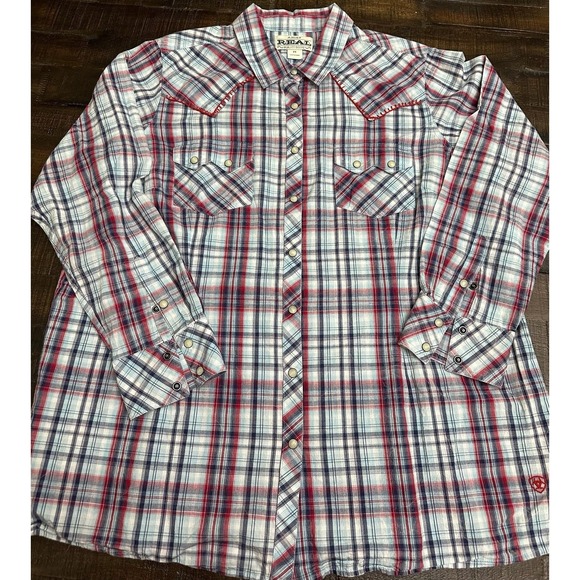 Ariat Shirt Womens 2X Red Blue Plaid Western Pearl Snap Long Sleeve Cowboy - Picture 2 of 9